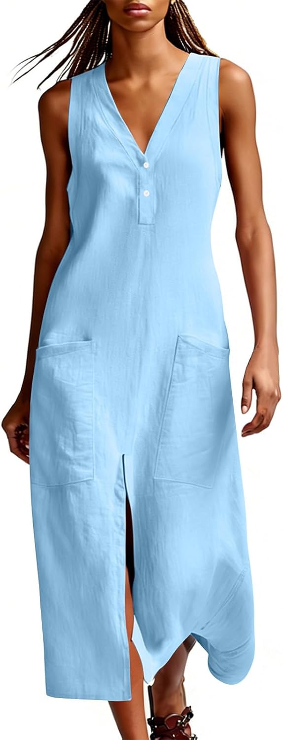 Emma Women's Robe – Maxi Linen Dress V-Neck Sleeveless Slit Pockets Elegant Summer