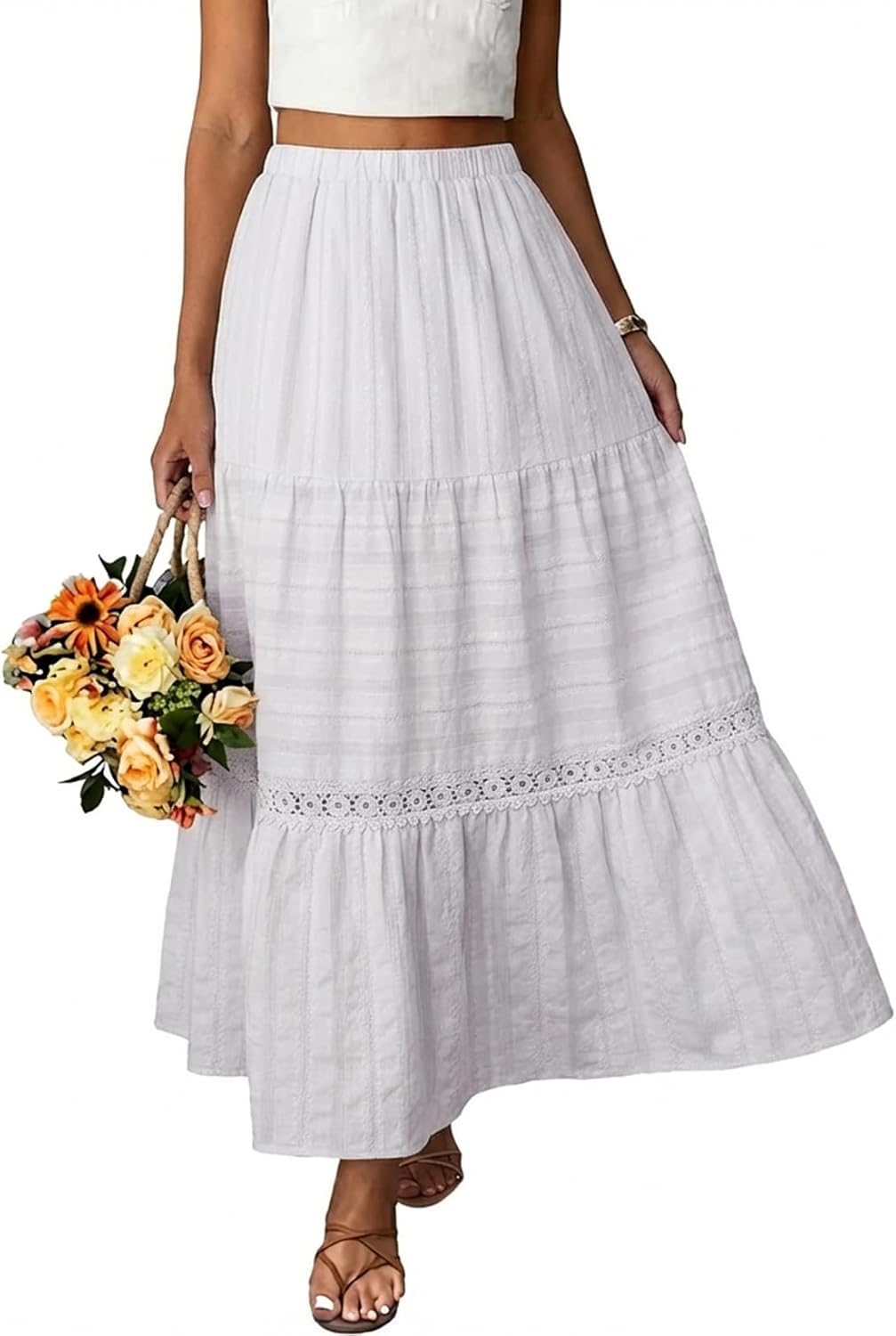 Breilla Maxi Skirt for Women – Bohemian Cotton Skirt, Crochet Lace & Flowing