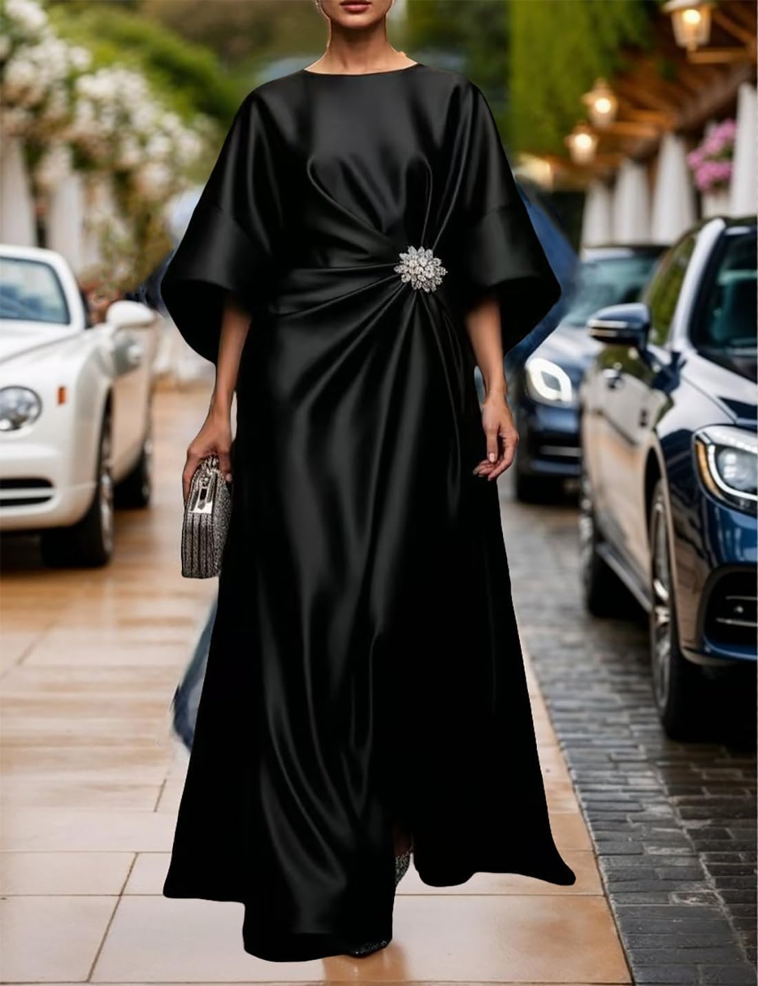 Victoria Long Satin Dress for Women – Elegant Dress with Batwing Sleeves and Pleated Waist