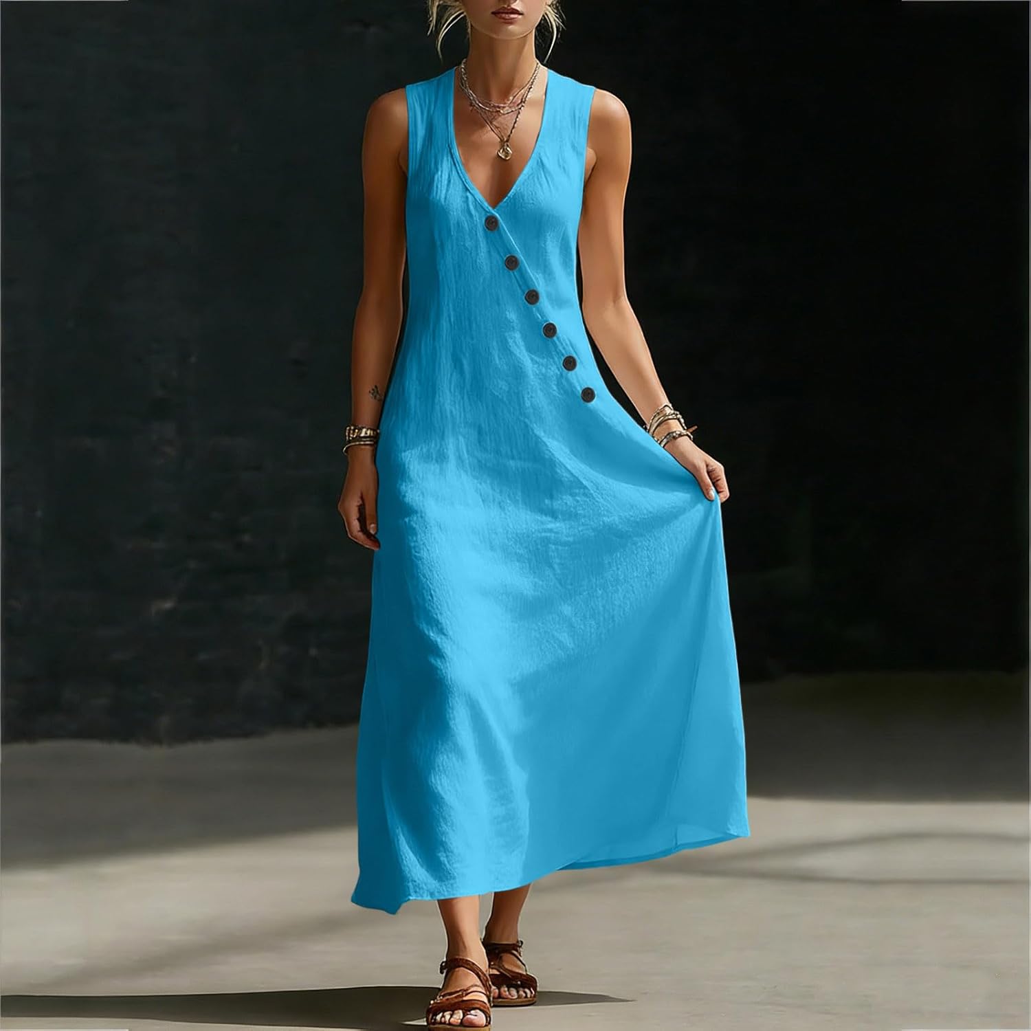 Laura Women's Dress – Midi Cotton Dress V-Neck Sleeveless Buttons A-Line Cut Summer
