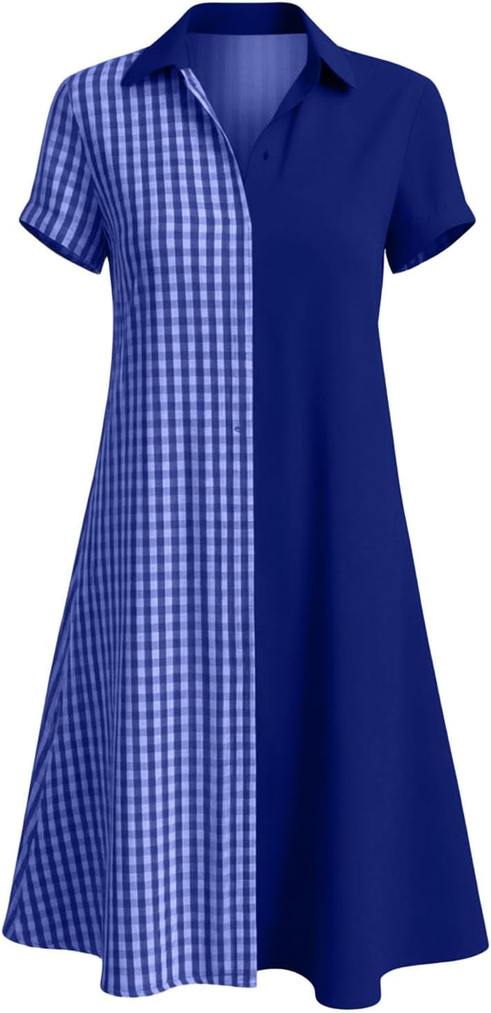 Julie Women's Dress – Plaid Dress with V-Neck, Short Sleeves, Flowing Bohemian Cut, Summer
