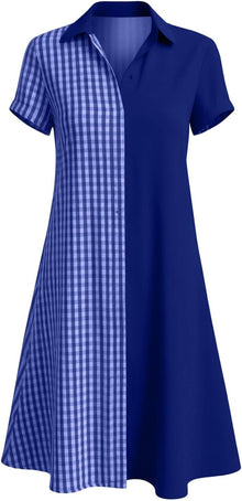 Julie Women's Dress – Plaid Dress with V-Neck, Short Sleeves, Flowing Bohemian Cut, Summer