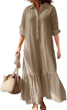 Élina Long Cotton and Linen Dress for Women – Loose Shirt Dress with Asymmetric Hem