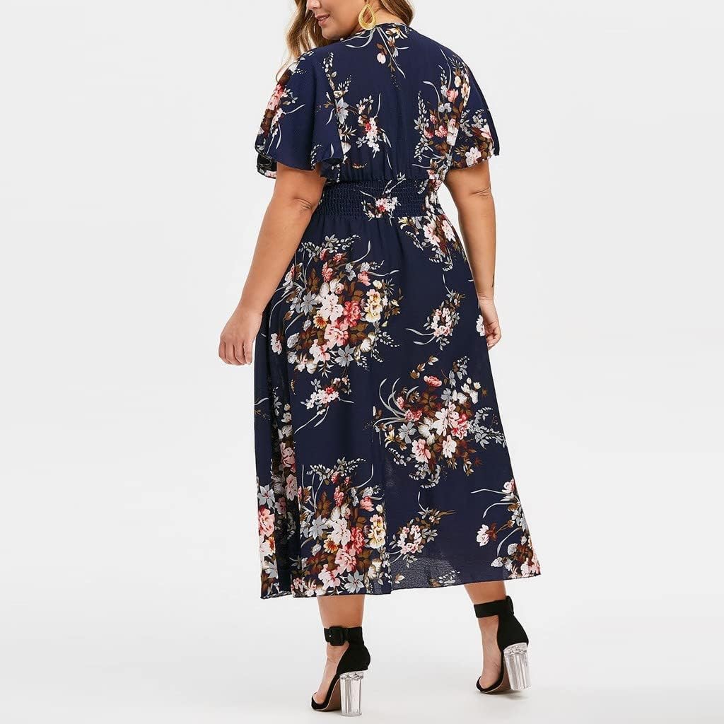 Élise Women's Dress – Floral Midi Dress V-Neck A-Line Lightweight Linen Cotton Elegant Summer