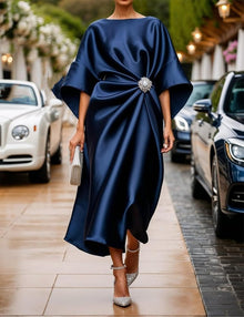 Victoria Long Satin Dress for Women – Elegant Dress with Batwing Sleeves and Pleated Waist