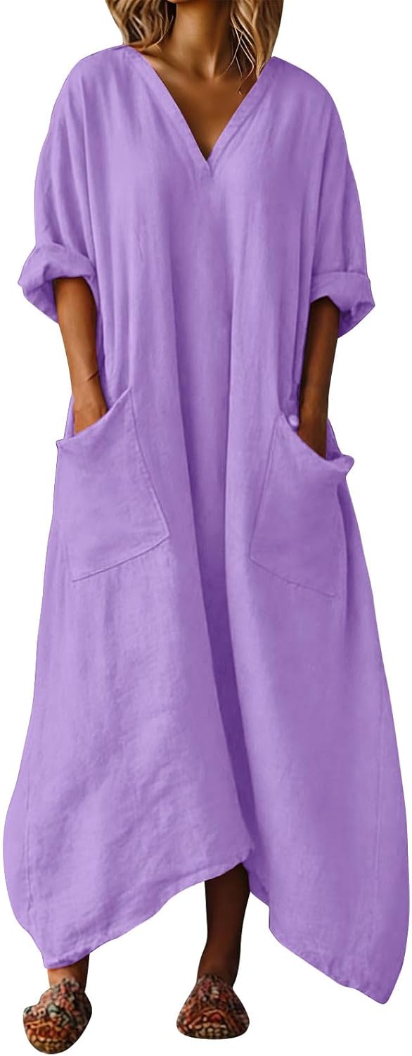 Mila Women's Dress – Maxi Linen Dress V-Neck 3/4 Sleeves A-Line Oversized Summer Dress