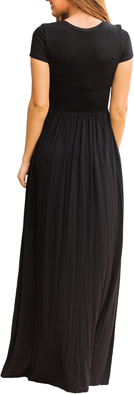 Bridget Maxi Dress for Women – Solid Round Neck, Flowing Fit & High Waist with Pockets Summer