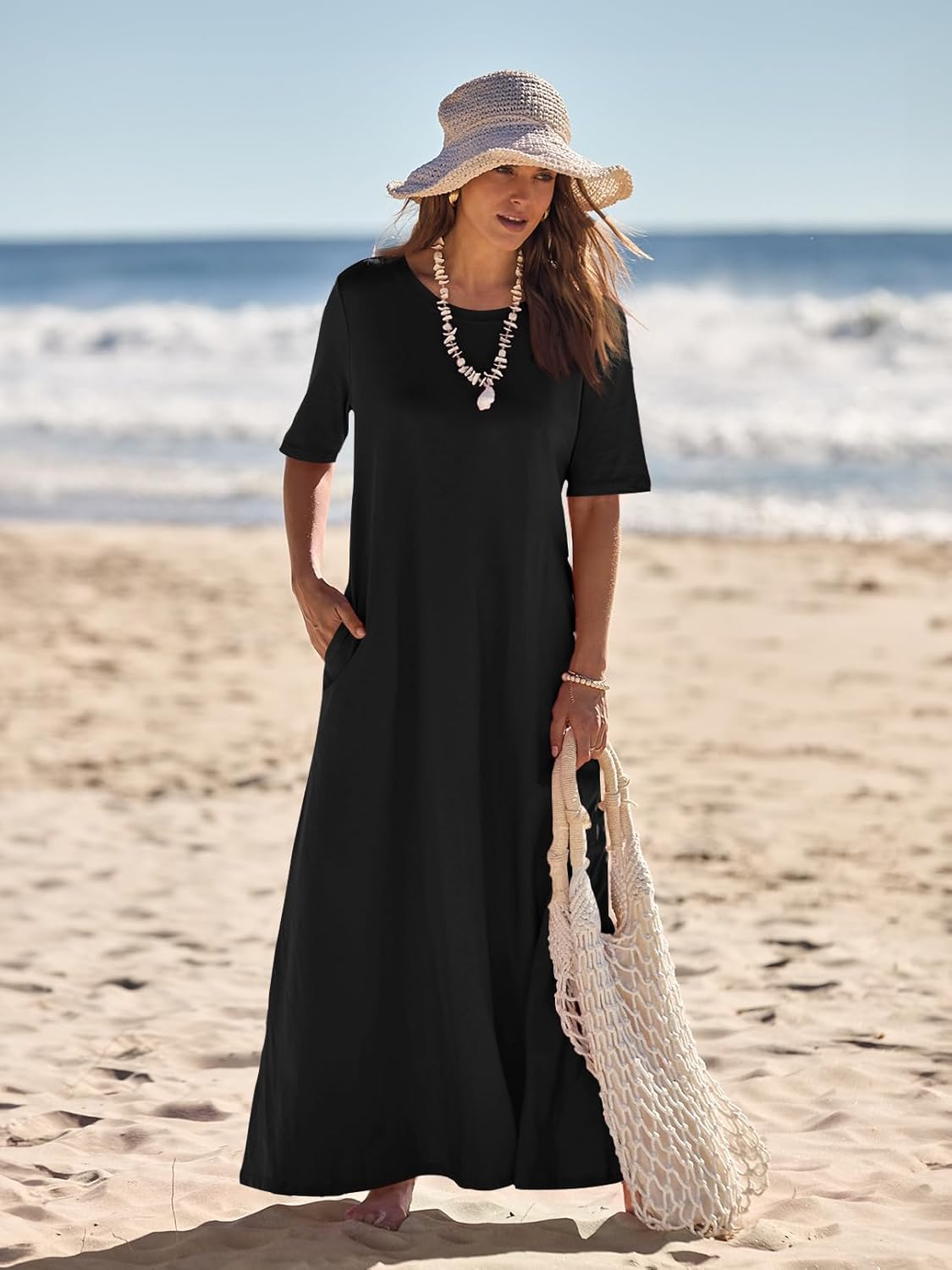 Julie Maxi Dress for Women – Long Dress with Short Sleeves and Pockets, Casual Elegant
