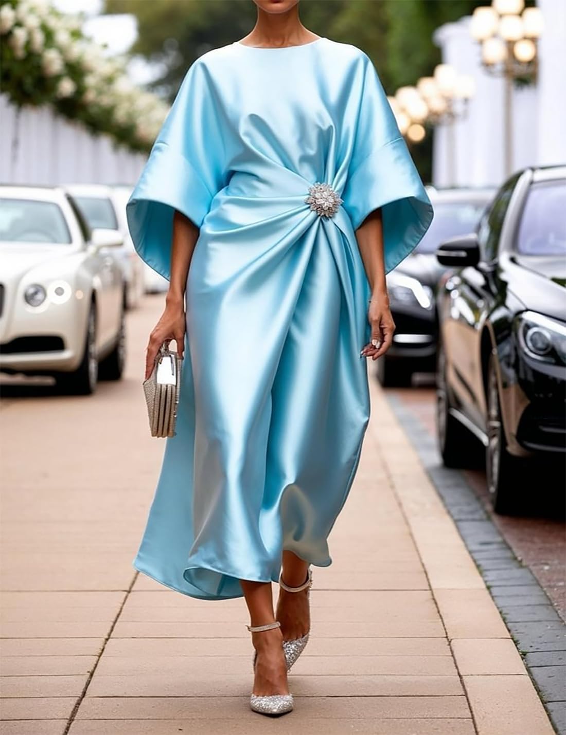 Victoria Long Satin Dress for Women – Elegant Dress with Batwing Sleeves and Pleated Waist