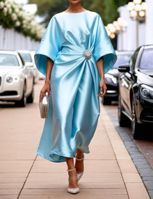 Victoria Long Satin Dress for Women – Elegant Dress with Batwing Sleeves and Pleated Waist