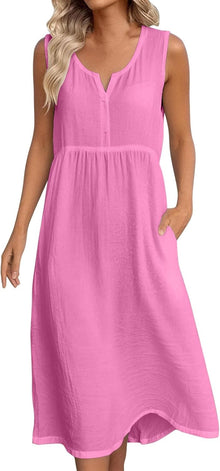 Anna Women's Dress – Linen Midi Dress V-Neck Sleeveless Pockets Fluid Cut Summer