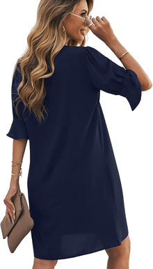 Emily Women's Summer Dress – Elegant V-Neck Dress with Loose Fit and Mid-Length Sleeves