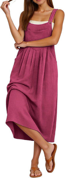 Camille Long Overalls Dress for Women – Pleated Pinafore Dress with Adjustable Straps and Pockets