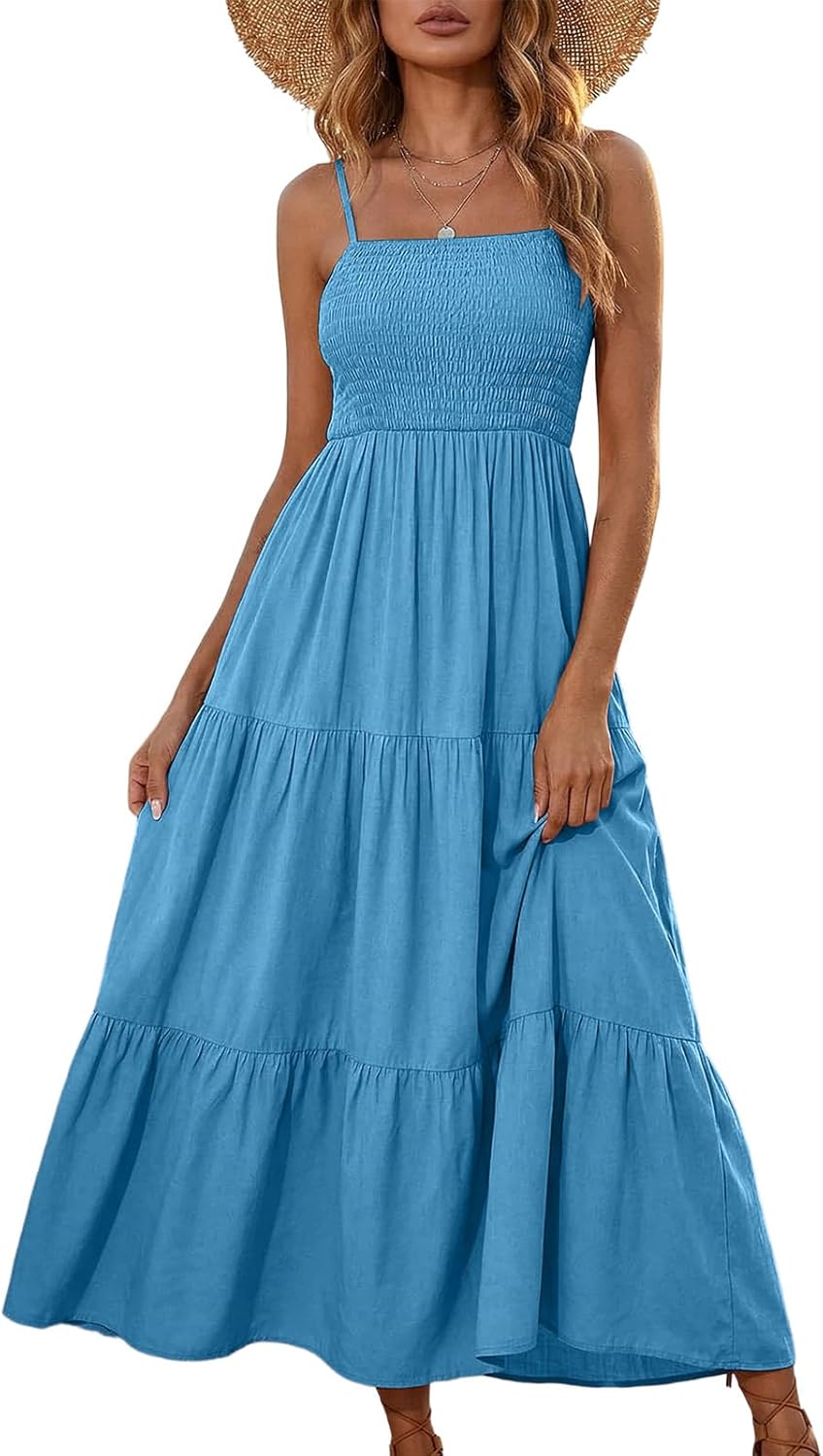 Léa Women's Dress – Bohemian Maxi Dress with Square Neck, Smocked, Ruffled, Flowing Summer Dress