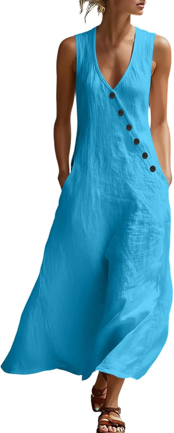 Laura Women's Dress – Midi Cotton Dress V-Neck Sleeveless Buttons A-Line Cut Summer