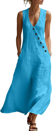 Laura Women's Dress – Midi Cotton Dress V-Neck Sleeveless Buttons A-Line Cut Summer
