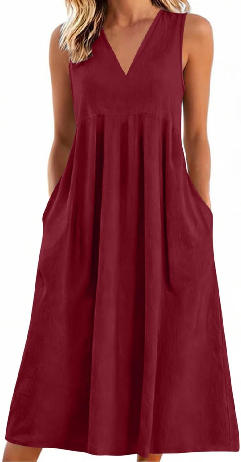 Lina Women's Dress – Maxi Linen Dress V-Neck Sleeveless Fluid Summer Pockets