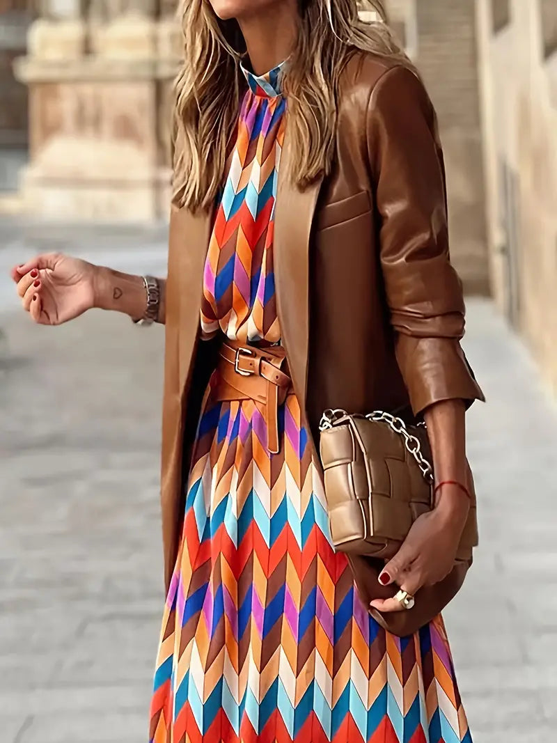 Molly Robe Femme – Elegant Midi Dress with Puff Sleeves, Full Print & High Collar