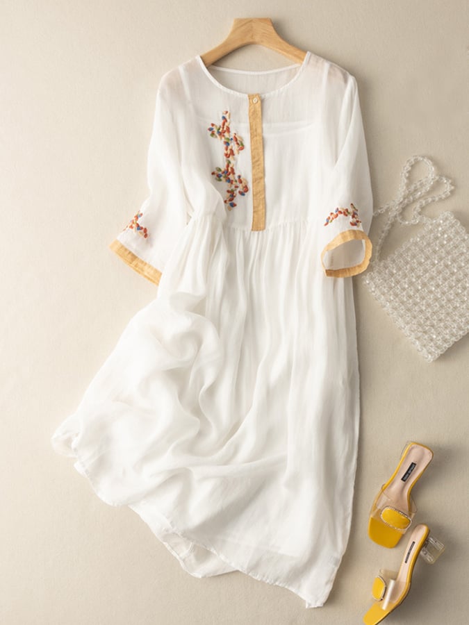 Zara Women's Dress – Embroidered Dress in Cotton and Linen with Ethnic Design & Comfortable Fit