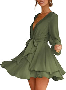 Cléo Short Women's Dress – Flared Dress with V-Neck, Belt & Long Sleeves