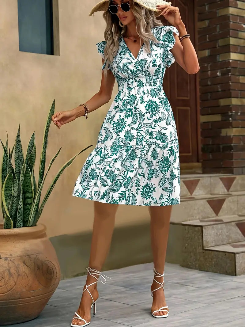Summer Dress Women Lauren – Elegant V-Neck Dress with Ruffles & Gathered Waist for Holidays
