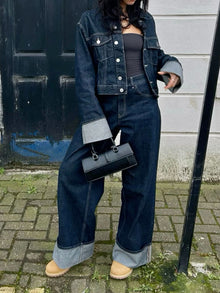 Bea Denim Set Women – Short Jacket & Wide Jeans with Contrasting Cuffs for a Trendy Look