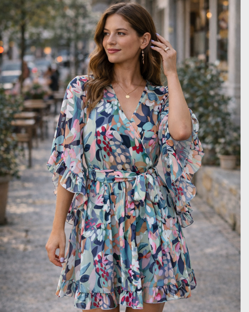 Odessa Women's Robe – Floral V-Neck Wrap, Bell Sleeves & Elegant Mini Chiffon