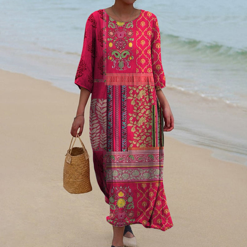 Daniella Robe Maxi Woman – Bohemian Ethnic Print Red, Airy & Flowing Cotton