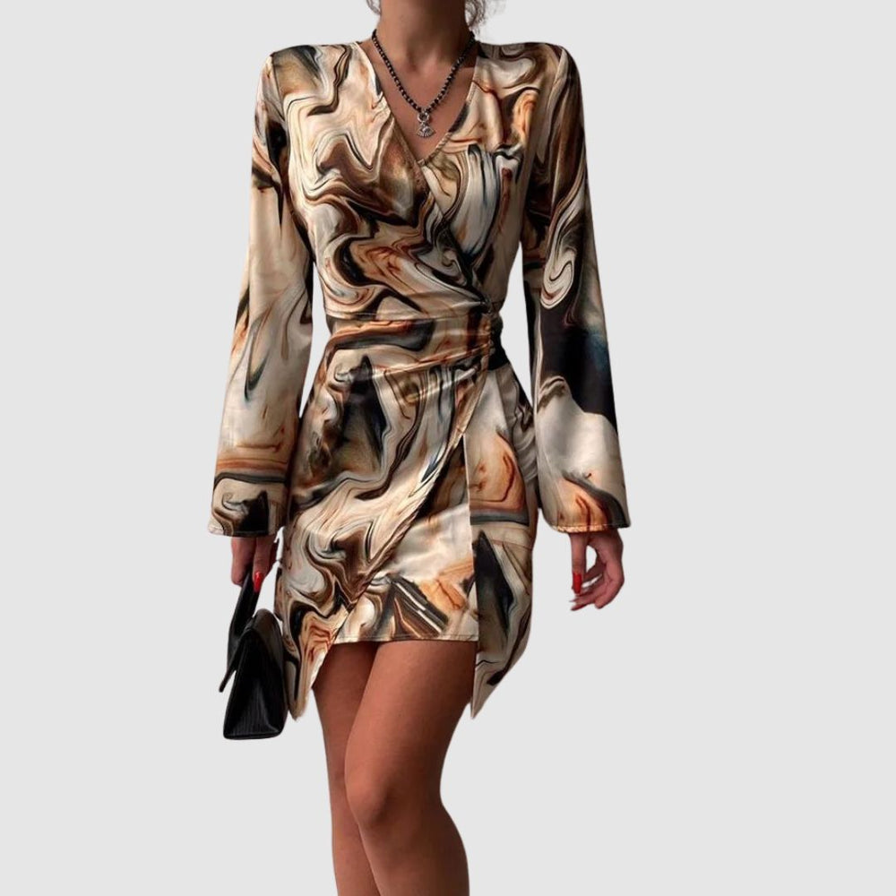 Jena Women's Wallet Dress – Text Print, V-Neck, Elegant Long Sleeves