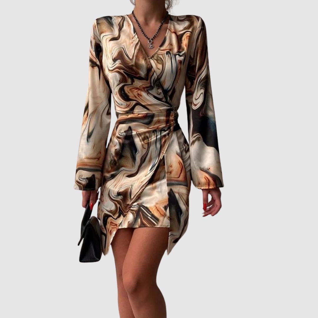 Jena Women's Wallet Dress – Text Print, V-Neck, Elegant Long Sleeves