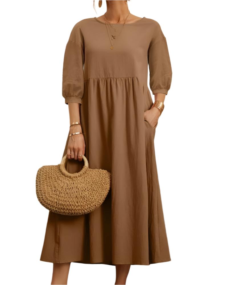 Flore Midi Dress Women – Breathable Cotton Linen, Round Neck, Lantern Sleeves, Summer Comfort