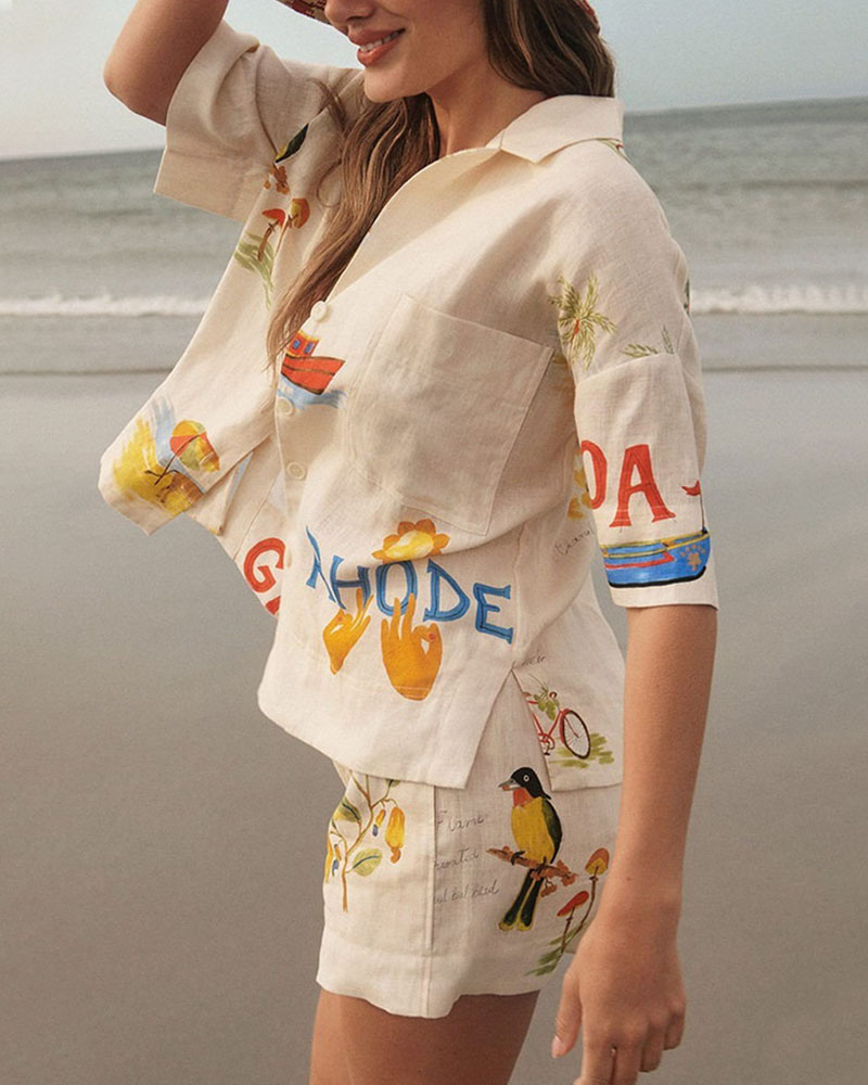 Stella Linen Set Women – Summer Coordinated with Tropical Print, Light Shirt & Comfortable Shorts
