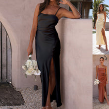 Lucille Evening Dress Woman – Elegant Black Satin Dress with Slit for Chic Occasions