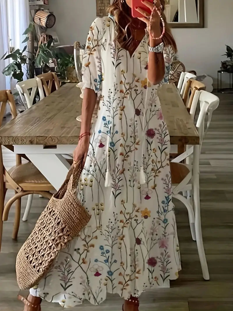 Bohemian Dress Woman Charm – Elegant Summer Dress with Ruffles with V Neck & Ikat Pattern
