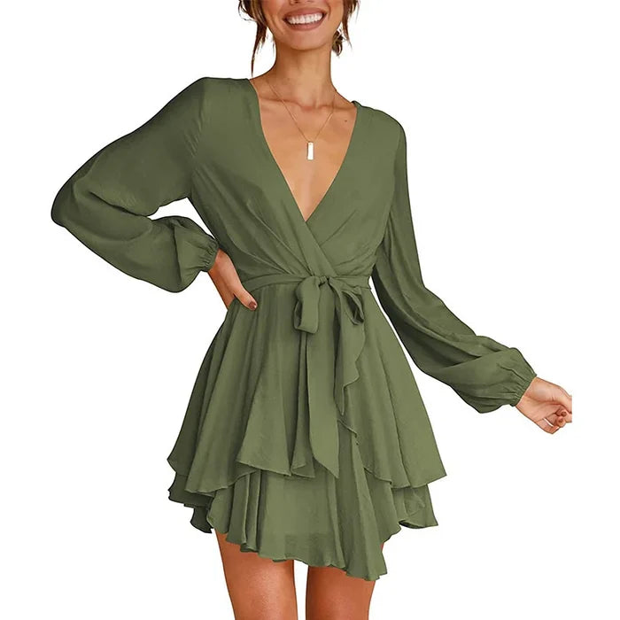 Cléo Short Women's Dress – Flared Dress with V-Neck, Belt & Long Sleeves