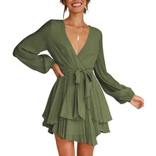 Cléo Short Women's Dress – Flared Dress with V-Neck, Belt & Long Sleeves