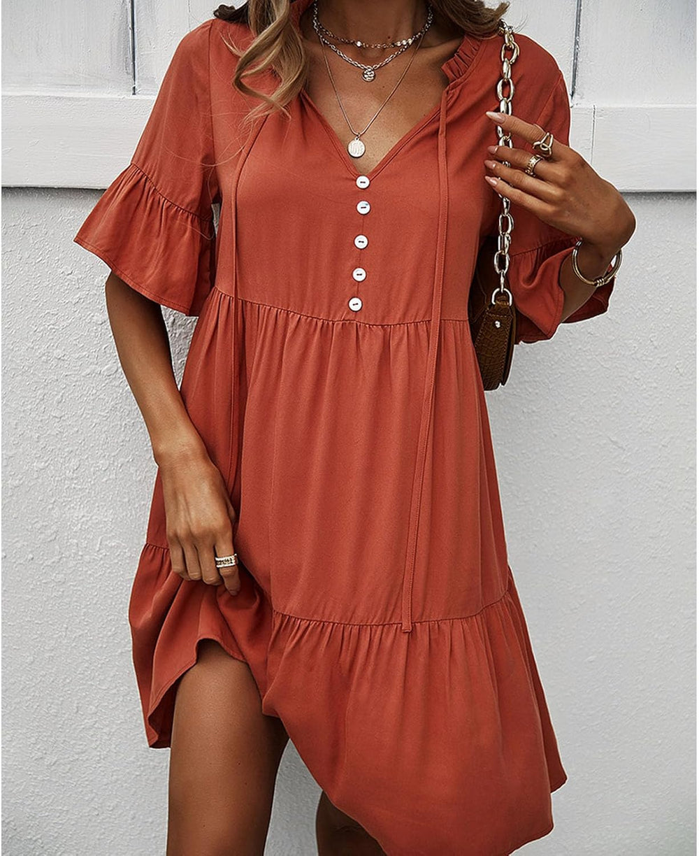 Léa Women's Dress – Mini Dress with Ruffles, V-Neck, Tied, Short Sleeves, Elegant Summer