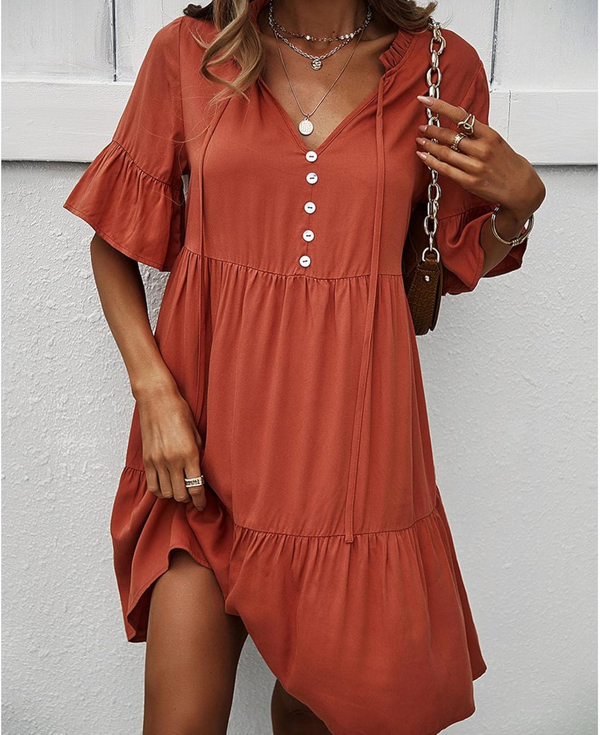 Léa Women's Dress – Mini Dress with Ruffles, V-Neck, Tied, Short Sleeves, Elegant Summer