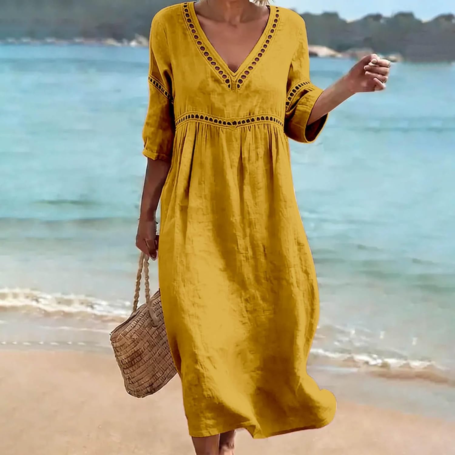 Laura Women's Dress – Midi Linen Dress with V-Neck, 3/4 Sleeves, Pockets, A-Line Summer Dress