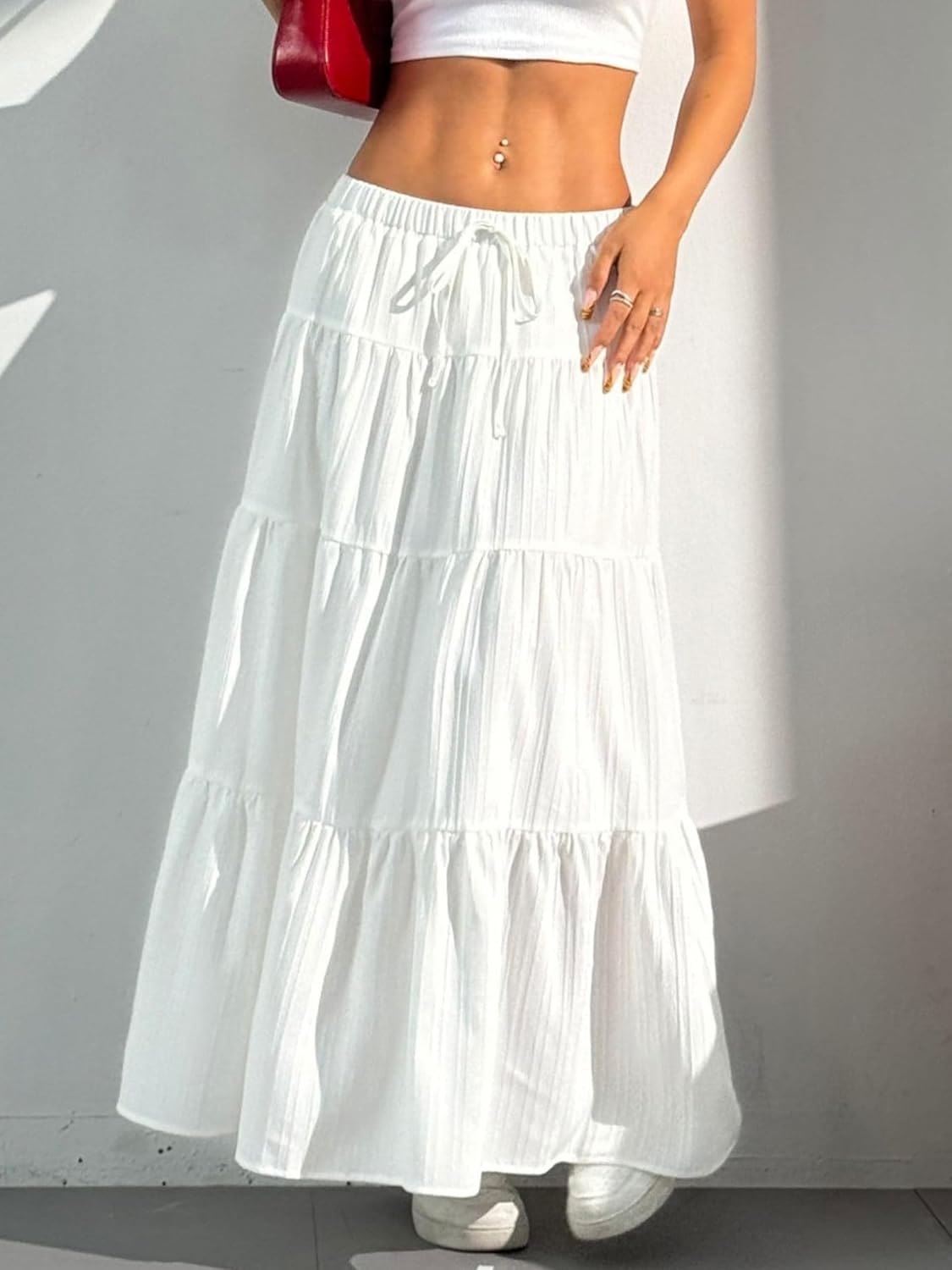 Dori Maxi Skirt for Women – White Bohemian Ruffled High-Waist A-Line Skirt