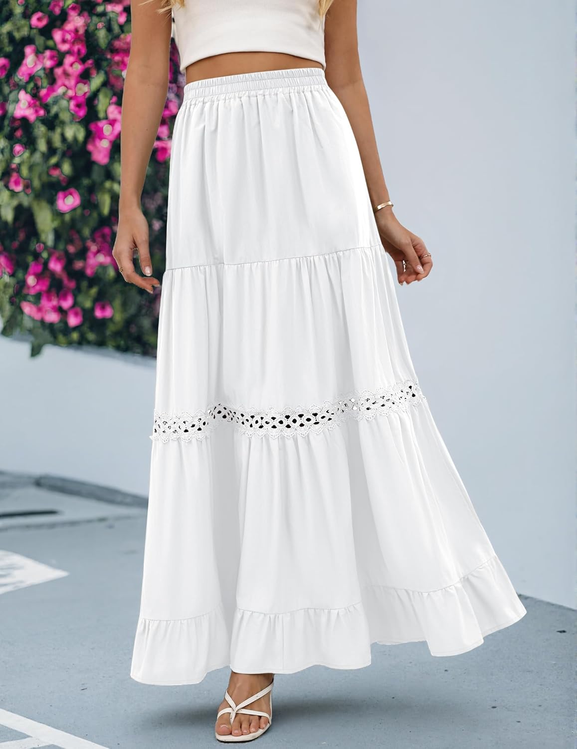 Edith Jupe Maxi Women’s Skirt – Bohemian Cotton Skirt, Crochet Lace & Ruffles