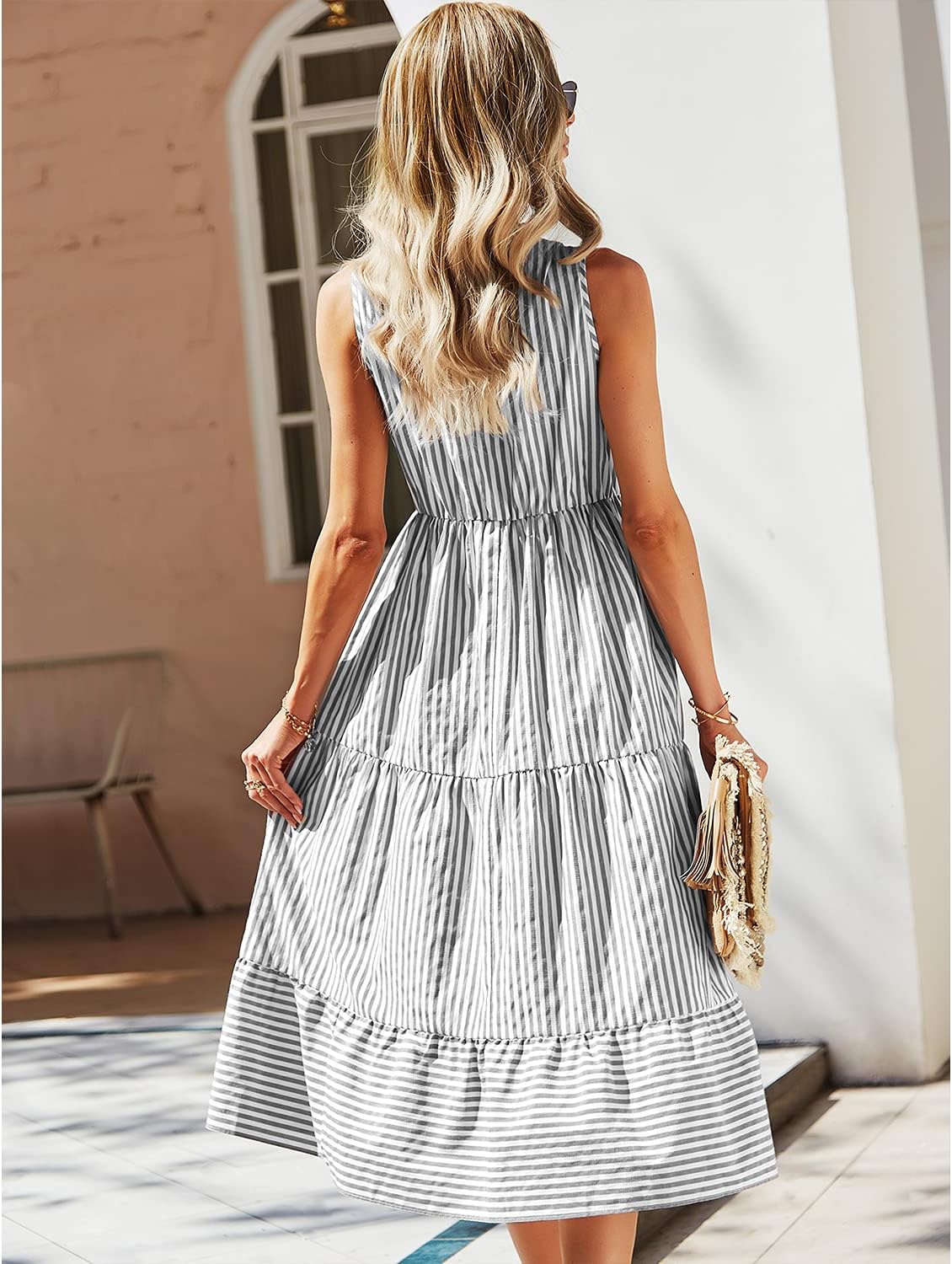 Claire Midi Shirt Dress for Women – Elegant Sleeveless Striped Dress with V-Neck and Buttons