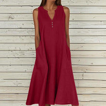 Camille Women's Dress – Maxi Linen Dress with V-Neck, Sleeveless, Buttoned, Pockets, Summer
