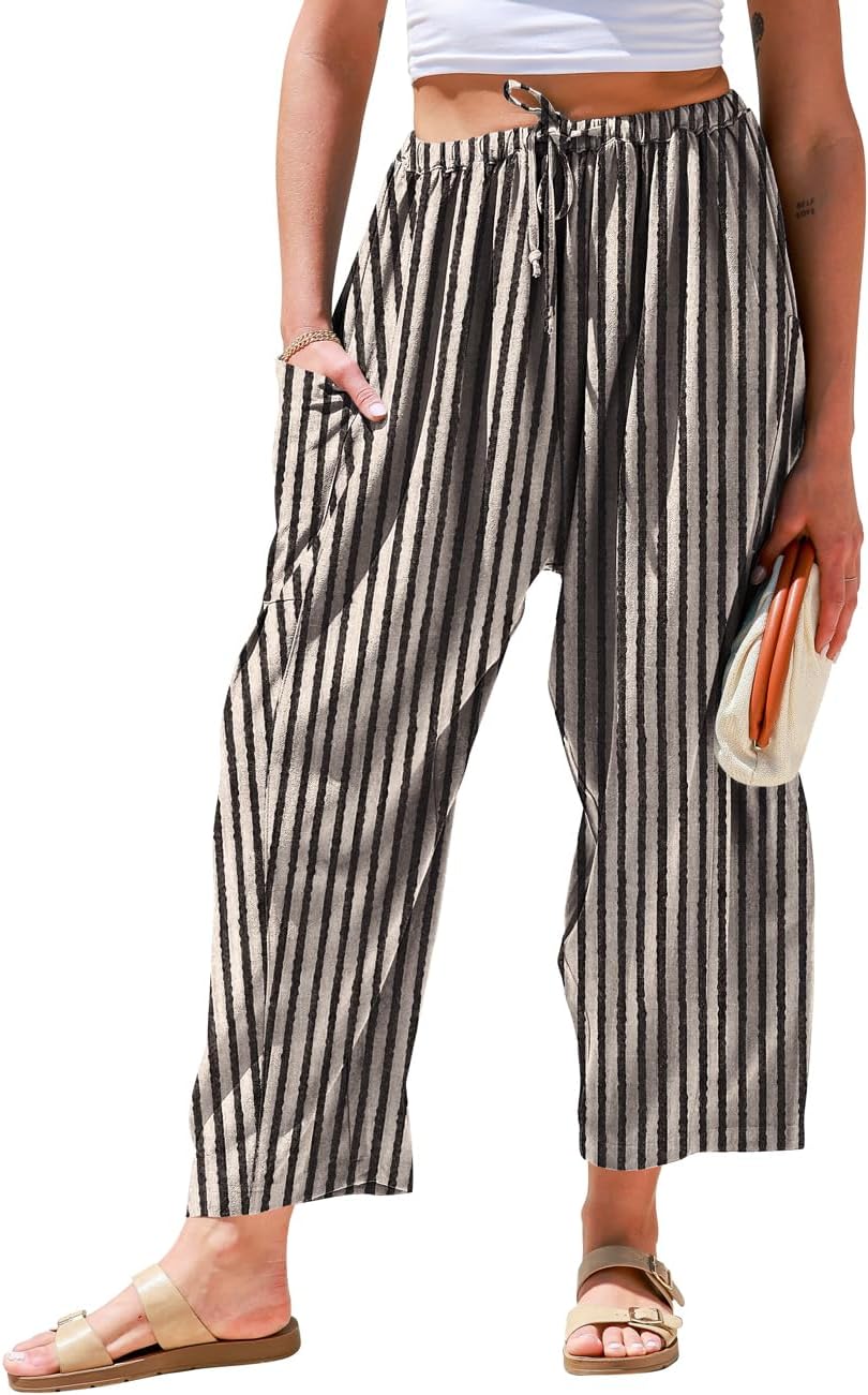 Aliyah Women's Pants – Wide-Leg Linen Palazzo, Oversized, Drawstring Waist & Pockets