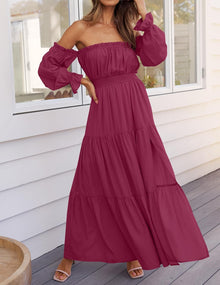 Sophie Maxi Dress for Women – Bohemian Off-Shoulder Dress with Slit and Smocked Waist