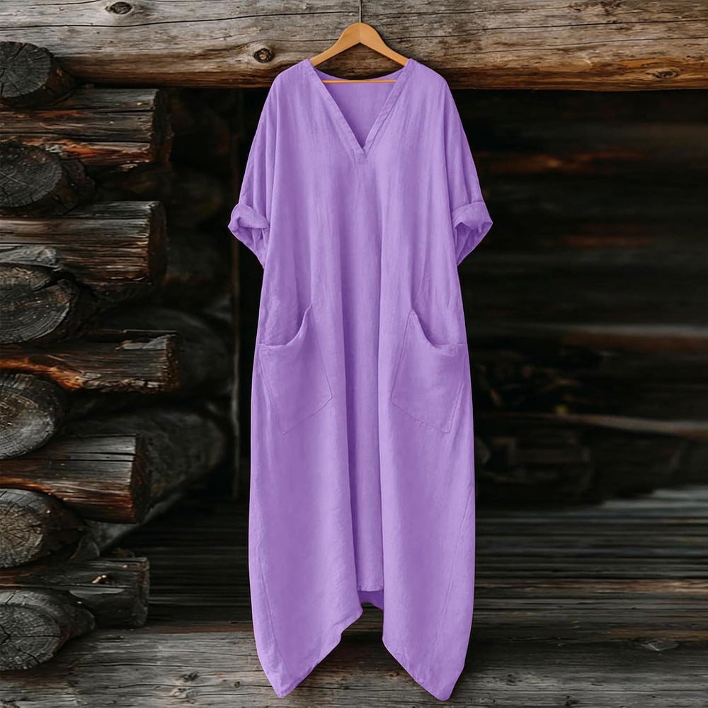Mila Women's Dress – Maxi Linen Dress V-Neck 3/4 Sleeves A-Line Oversized Summer Dress