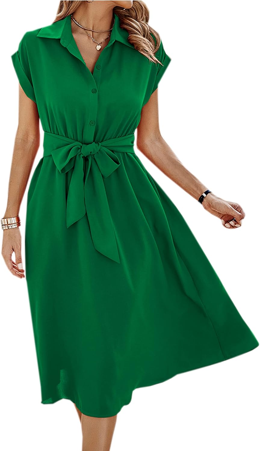 Camille Midi Dress for Women – V-Neck Buttoned Dress with Belt and Pockets Summer
