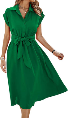 Camille Midi Dress for Women – V-Neck Buttoned Dress with Belt and Pockets Summer