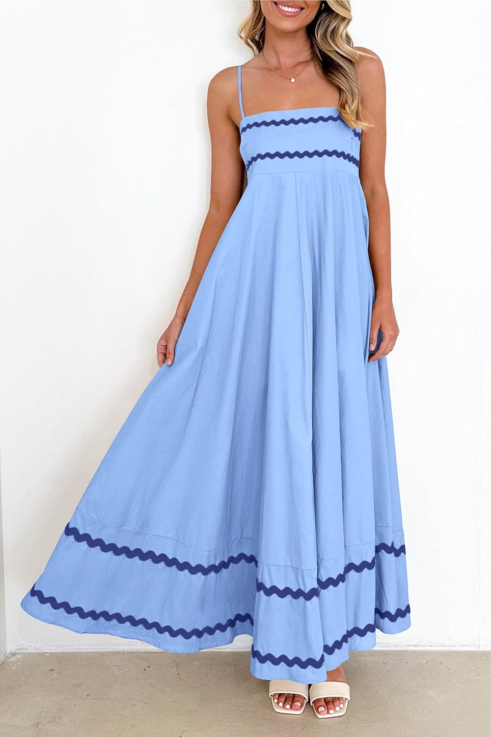 Luan Maxi Dress for Women Summer – Long Dress with Thin Straps, Square Neck, Ruffles & Flowing Cut