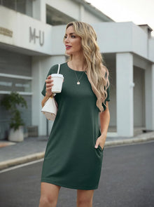 Léa Women's Dress – Mini Dress with Round Neck, Short Sleeves, A-Line with Pockets Summer